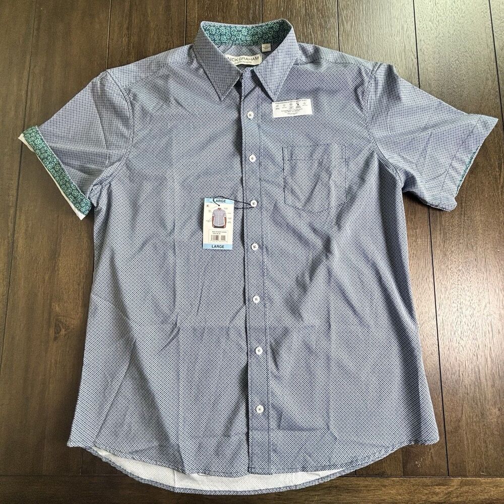 Nick Graham Everywhere Mens Large Blue Geometric Stretch Modern Fit Button Down